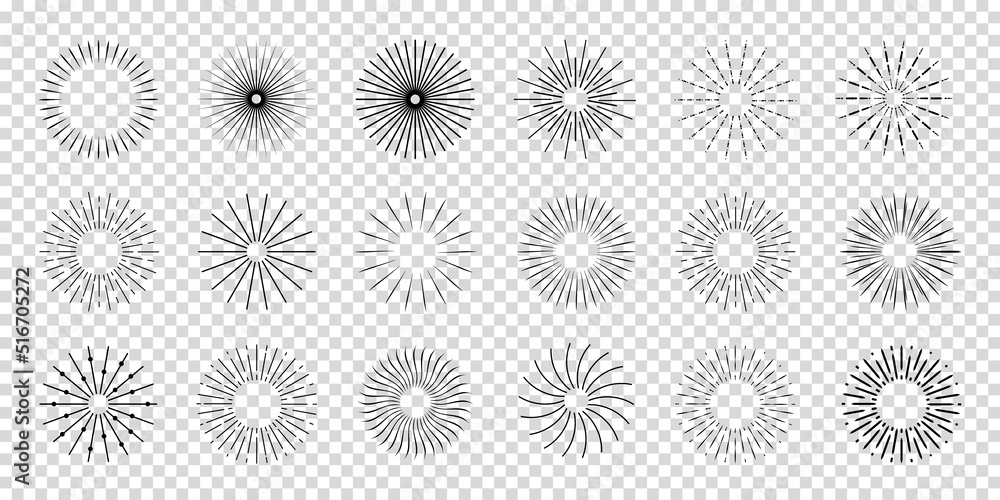 Sunburst Or Starburst Element Set - Different Vector Illustrations Isolated On Transparent Background - obrazy, fototapety, plakaty 