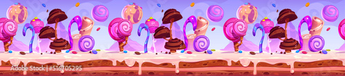 Candy planet cartoon game platform, seamless background. Arcade ui location with sweets, desserts, chocolate and lollipops. Horizontal landscape for computer game, fairy tale scene Vector illustration