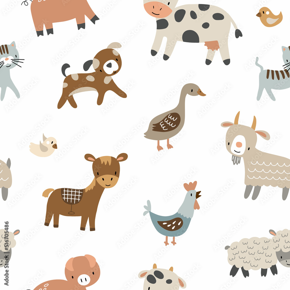 Baby seamless vector illustration with lamb, donkey, chicken, cow, goat, dog, cat, pig on white background. Pattern of farm animals for fabric, children's room decoration, wrapping paper.