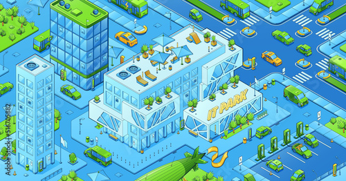 Isometric modern cityscape, city plan with IT park building and parking with electric car chargers. Vector illustration of town district map with offices, cars and buses on street, flying airship