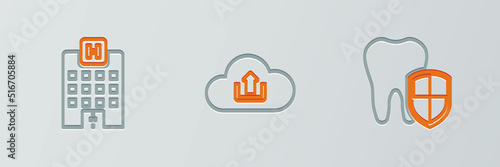Set line Dental protection, Medical hospital building and Cloud upload icon. Vector