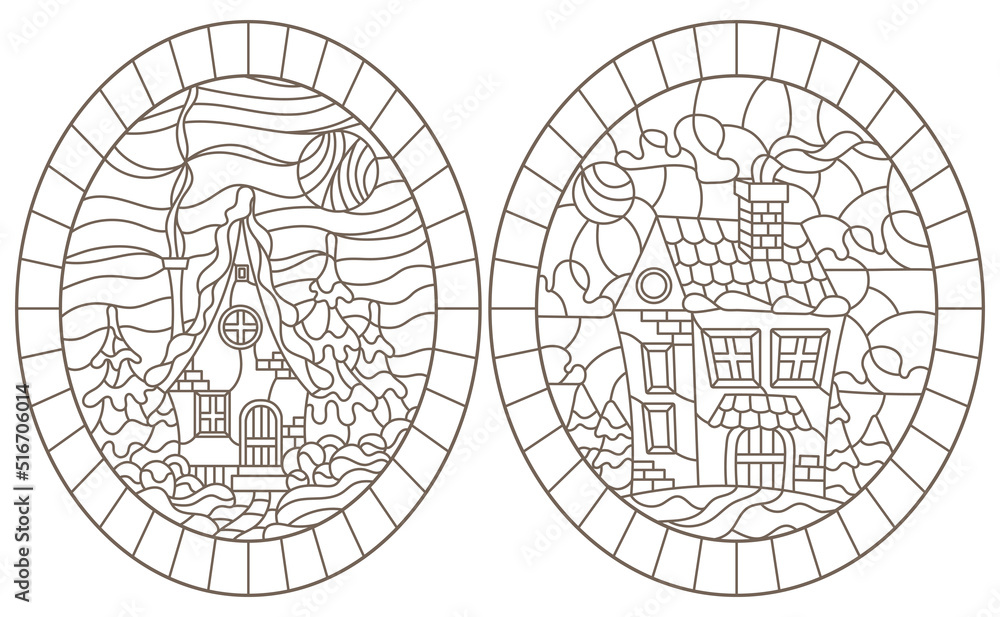 Set contour illustrations of the stained glass Windows with the village houses in the background of a winter landscape,dark contours on white background, oval images Set contour illustrations of the stained glass Windows with the village houses in the background of a winter landscape,dark contours on white background, oval images