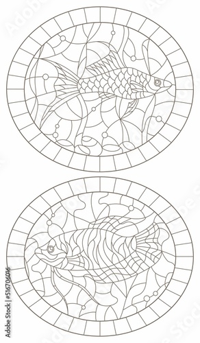 Set of contour illustrations of stained glass Windows with fishes and algae, dark contours isolated on a white background