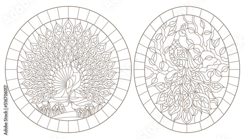 Set of contour illustrations with peacocks on a tree branch, dark outlines on a white background