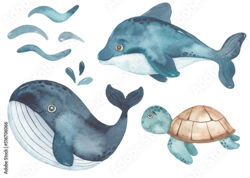 Watercolor baby clipart with cute whale, dolphin, sea turtle