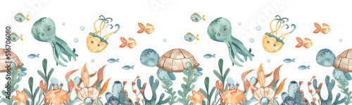 Fototapeta Naklejka Na Ścianę i Meble -  Watercolor seamless border with cute sea creatures, sea turtle, octopus, jellyfish, crab, fish, starfish, algae, corals