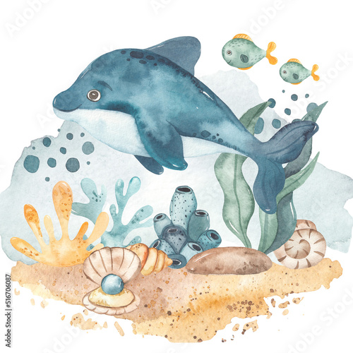 Underwater composition with marine animals, dolphin, fish, algae, corals, shell, ocean floor