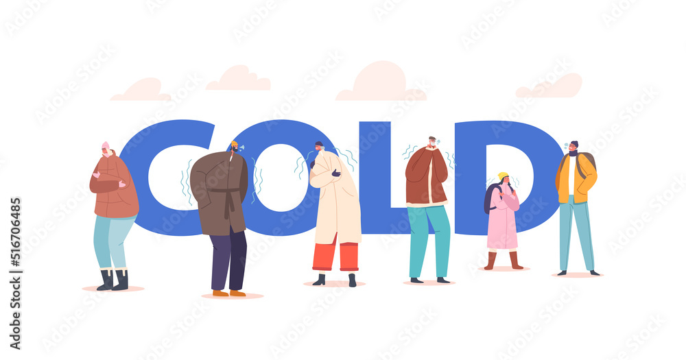 Freezing People, Cold Weather Concept. Characters Wearing Warm Winter Clothes Suffering Of Low Minus Degrees Temperature