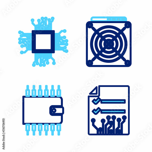 Set line Smart contract, Cryptocurrency wallet, ASIC Miner and Brain as digital circuit board icon. Vector