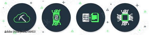 Set line Cryptocurrency bitcoin in circuit, Smart contract, cloud mining and Brain as digital board icon. Vector
