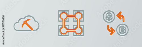 Set line Processor chip with dollar, Cryptocurrency cloud mining and Blockchain technology icon. Vector