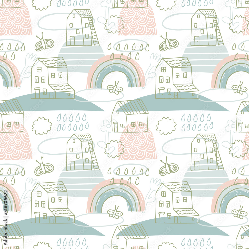 Vector seamless pattern with houses, rainbows, flowers and butterflies in doodle style. Kids style seamless pattern. Vector seamless pattern with houses, rainbows, flowers and butterflies in doodle style. Kids style seamless pattern.