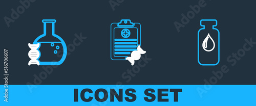 Set line Medical vial, ampoule, DNA research, search and Clipboard with analysis icon. Vector