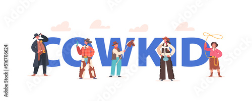 Cowkid Concept, Cowboy Kids In Traditional Wild West Costumes And Hats. Boys And Girls Characters Western Personages