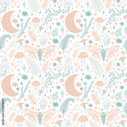 Gentle, magical background with forest plants, moths, feathers and moon in boho style. Seamless background for children's textiles6 fabrics, boho textures.