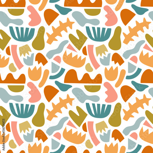 Abstract shapes in modern style seamless, vector pattern. Spots, geometric shapes, growth forms stylish, minimalistic background.