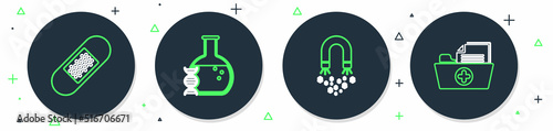 Set line DNA research, search, Magnet with money, Bandage plaster and Health record folder icon. Vector