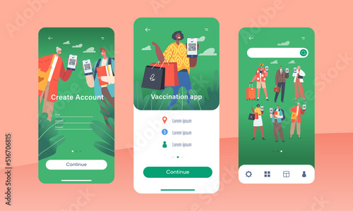 Vaccination App Mobile Page Onboard Screen Template. People Show Certificates With Qr Code On Device Screen