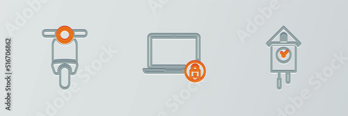 Set line Retro wall watch, Scooter and Laptop and lock icon. Vector