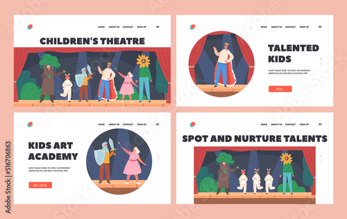 Little Artists Landing Page Template Set. Children in Funny Theatrical Costumes Playing on Stage with Curtains and Decor