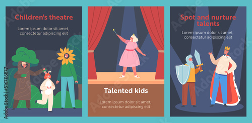Children Theater Cartoon Banners. Little Artists in Funny Theatrical Costumes Playing on Stage with Curtains and Decor