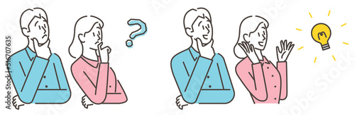 Set of a young couple with problems and questions, and a young couple happy that their problems have been solved [Vector illustration].