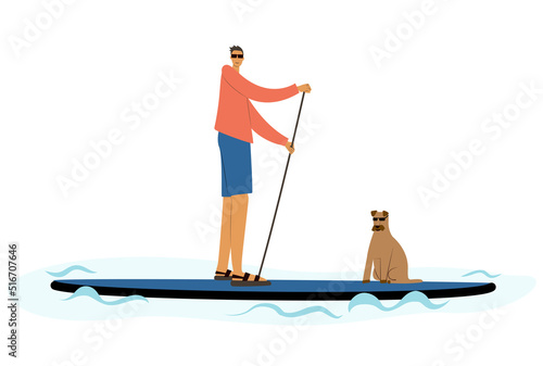 Man and dog standing on sup board floating in sea in sunny day. Tourist learning to paddle and balance on paddle board.