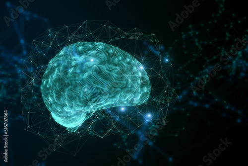 Abstract blue polygonal brain hologram on blurry backdrop. AI and machine learnign concept. 3D Rendering.