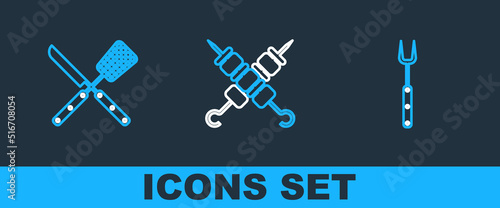 Set line Barbecue fork, Crossed knife and spatula and Grilled shish kebab icon. Vector