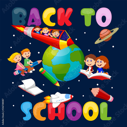 Back to school. Happy kids flying in space travel