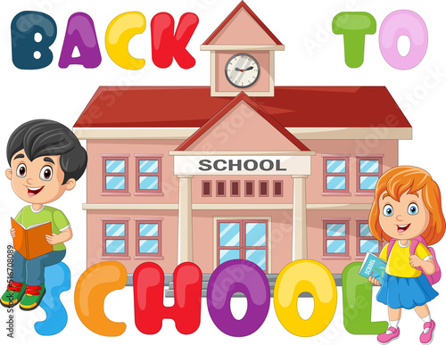 Back to school. Happy little kids with school building
