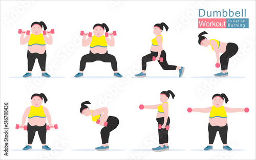 Fat women work out with dumbbell and fitness training. Concept for weight loss of fat burning. Vector Illustration.