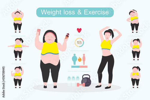 Fat and slim woman, before and after weight los and doing exercise, training and planning diet. Concept of healthy lifestyle and proper nutrition.Vector illustration.