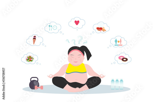 A happy girl in the lotus position and symbols of physical and mental health habits. Woman on a diet dreams of healthy lifestyle and bad habits. The concept of proper nutrition. Vector illustration