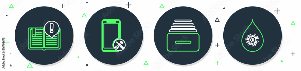 Set line Mobile service, Drawer with documents, Interesting facts and Dirty water drop icon. Vector Set line Mobile service, Drawer with documents, Interesting facts and Dirty water drop icon. Vector