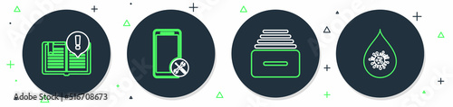 Set line Mobile service, Drawer with documents, Interesting facts and Dirty water drop icon. Vector