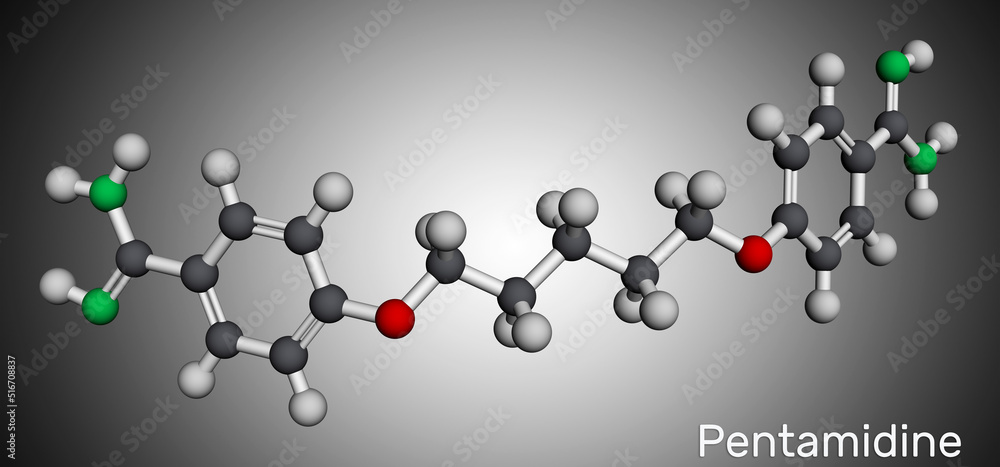 Pentamidine molecule. It is antimicrobial, antifungal drug. Used to treat Pneumocystis pneumonia in patients infected with HIV. Molecular model.