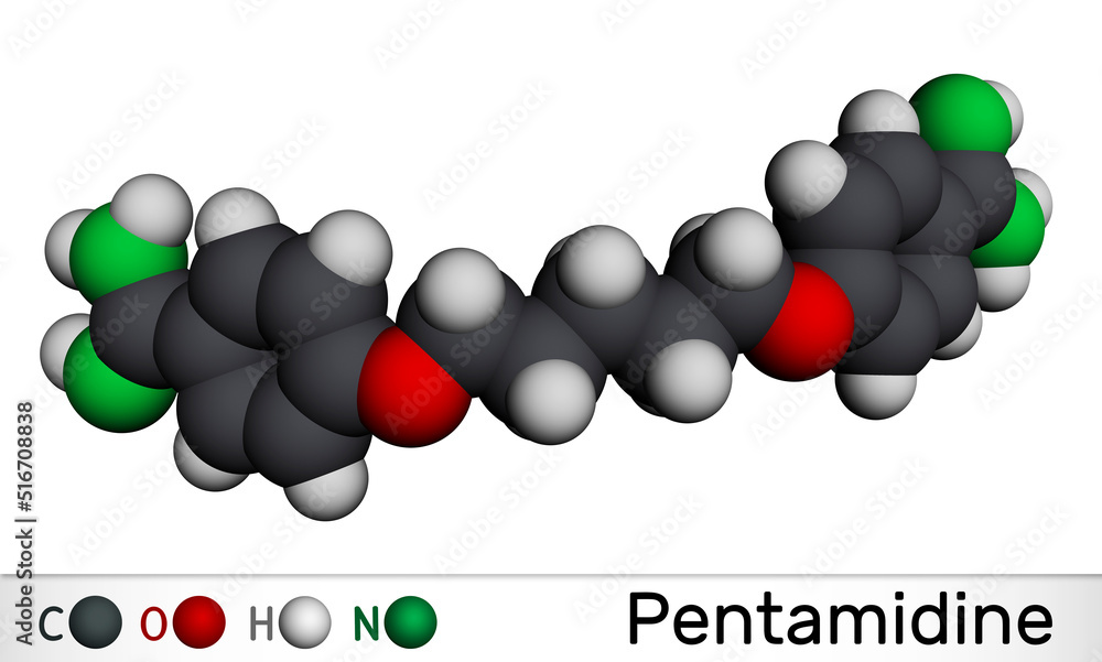 Pentamidine molecule. It is antimicrobial, antifungal drug. Used to