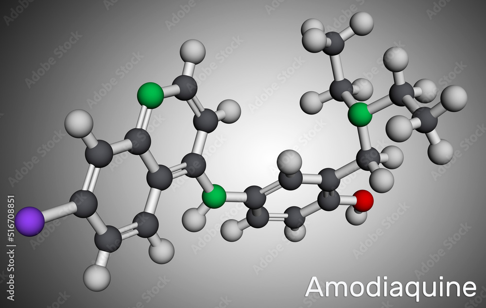 Amodiaquine, ADQ molecule. It is aminoquinoline, used for the therapy of malaria. Molecular model. 3D rendering