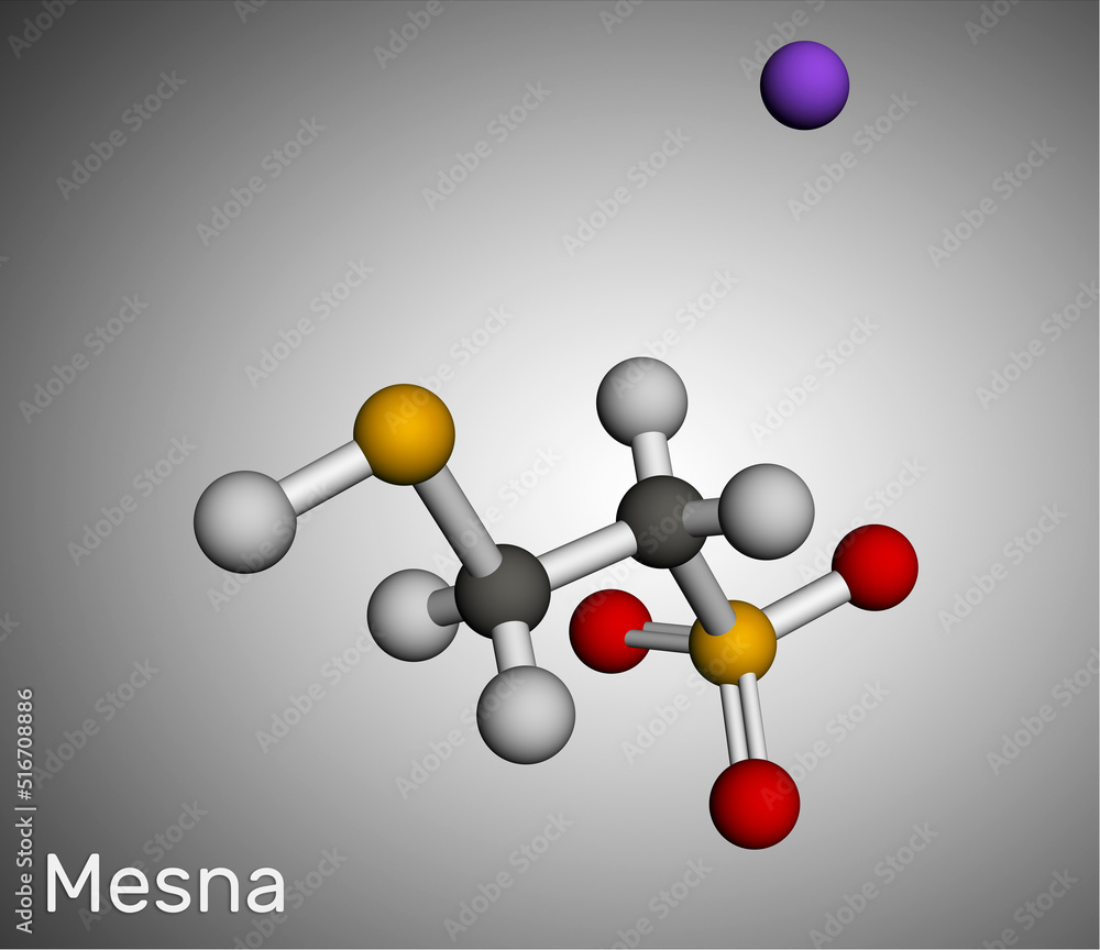 Mesna molecule. It is used to reduce the negative effects of some anticancer drugs on the bladder. Molecular model. 3D rendering Mesna molecule. It is used to reduce the negative effects of some anticancer drugs on the bladder. Molecular model. 3D rendering