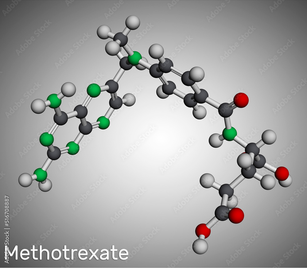 Methotrexate, MTX molecule. It is antineoplastic drug, used the treatment of cancer, psoriasis, rheumatoid arthritis. Molecular model. 3D rendering. Methotrexate, MTX molecule. It is antineoplastic drug, used the treatment of cancer, psoriasis, rheumatoid arthritis. Molecular model. 3D rendering.