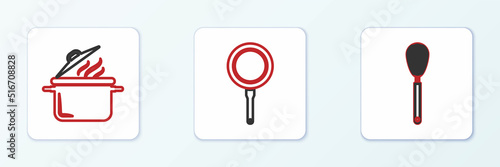 Set line Kitchen whisk, Cooking pot and Frying pan icon. Vector