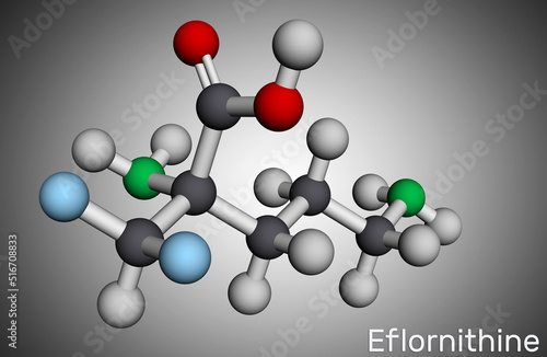 Eflornithine molecule. It is trypanocidal drug, used in treatment of facial hirsutism and African trypanosomiasis. Molecular model. photo