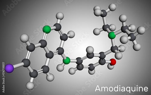 Amodiaquine, ADQ molecule. It is aminoquinoline, used for the therapy of malaria. Molecular model. 3D rendering photo