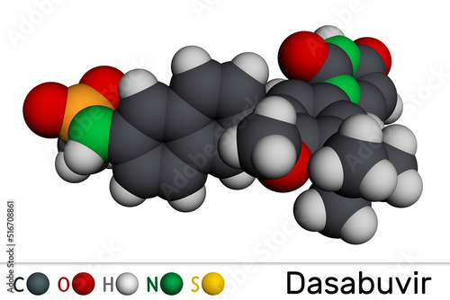 Dasabuvir molecule. It is antiviral drug used to treat hepatitis C virus, HCV, infections. Molecular model. 3D rendering photo