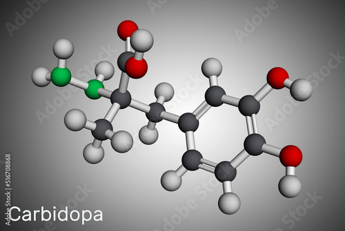 Carbidopa molecule. It is dopa decarboxylase inhibitor used for treatment of idiopathic Parkinson disease. Molecular model. 3D rendering. photo