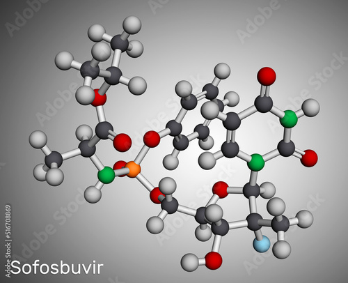 Sofosbuvir molecule. It is antiviral drug  used to treat  hepatitis C virus  HCV infections. Molecular model. 3D rendering