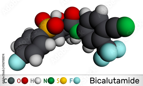 Bicalutamide molecule. It is nonsteroidal anti-androgen for prostate cancer. Molecular model. 3D rendering photo