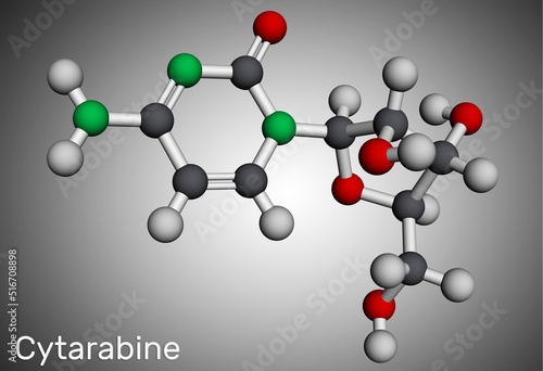 Cytarabine  cytosine arabinoside  ara-C molecule. It is chemotherapy medication. Molecular model. 3D rendering