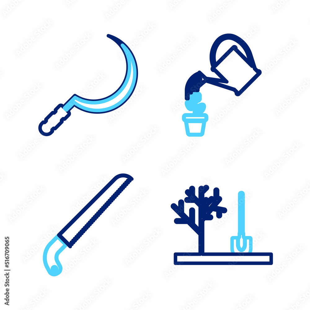 Set line Planting tree in the ground, Garden saw, Watering can and Sickle icon. Vector Set line Planting tree in the ground, Garden saw, Watering can and Sickle icon. Vector